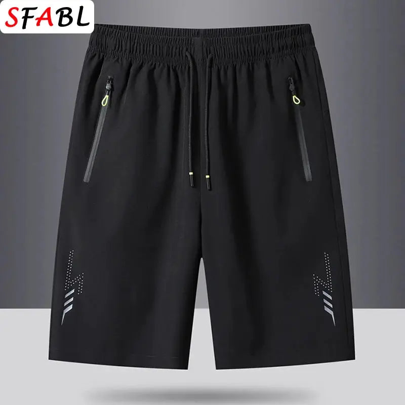 Men's black SFABL sports shorts with zip pockets and drawstring waist for gym and running.