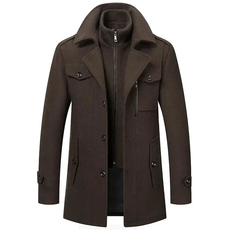 Men's brown wool-blend trench coat with zip-front and button front, mid-length, formal business style