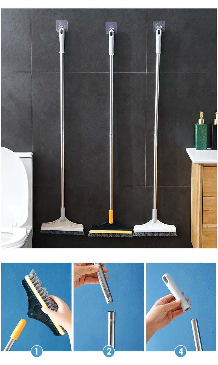 Simples Market bathroom floor brush set with long stainless handles; three wall-hung brushes in white, beige and green.