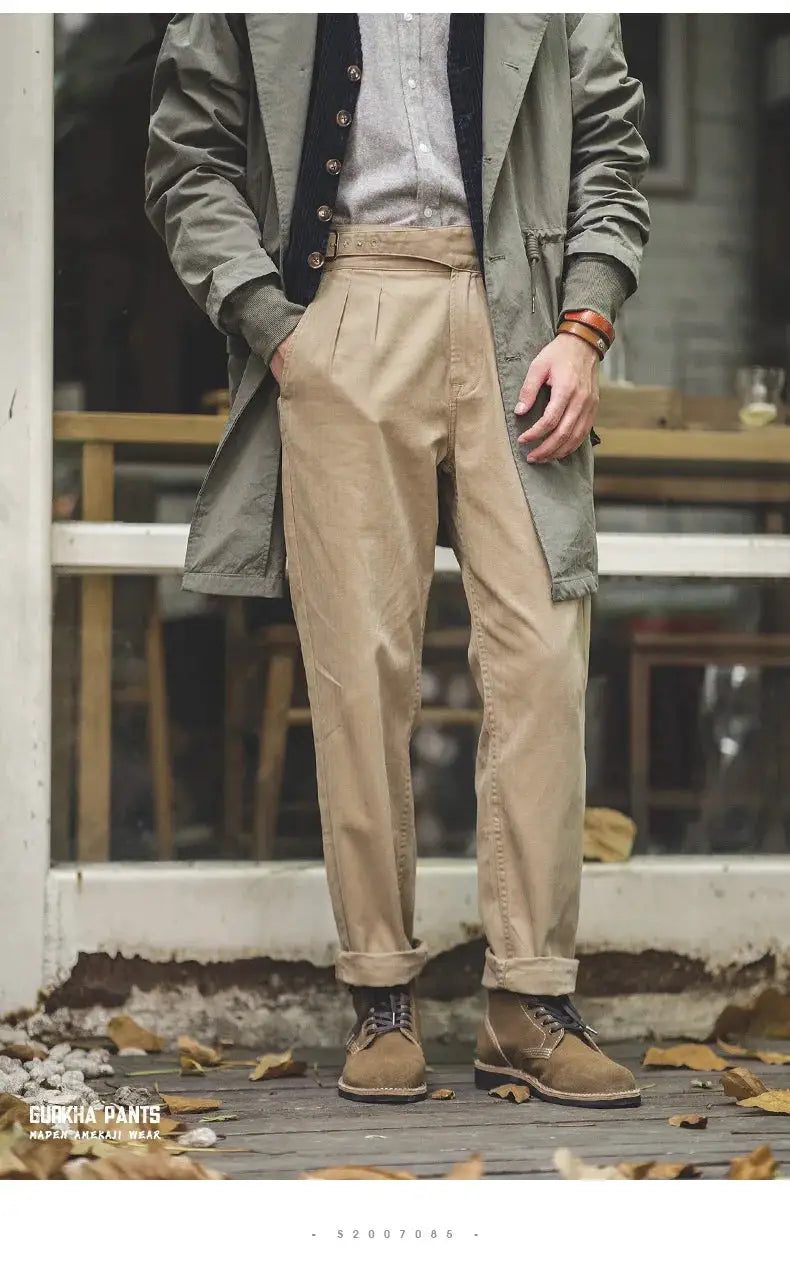 Maden Vintage Khaki Gurkha Pants by Simples Market; adjustable high-waist casual cargo work trousers for men
