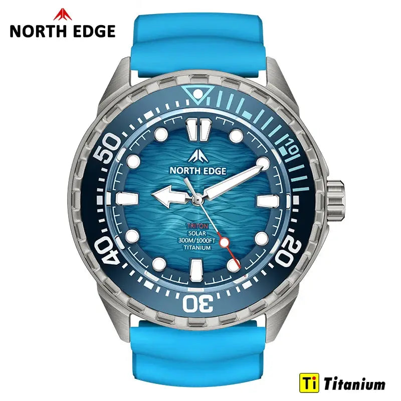 North Edge Triton-TI diving watch with blue dial, blue silicone strap, titanium case, 300m water resistance