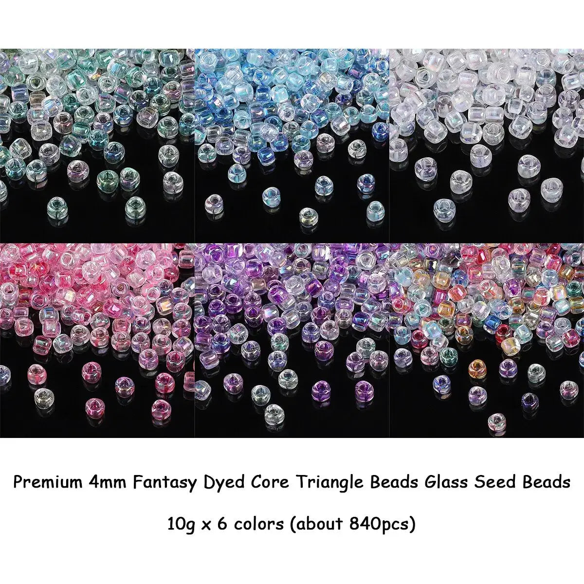 Triangle glass seed beads, 4mm, dyed core, in 6 colors, about 840 pcs, Simples Market
