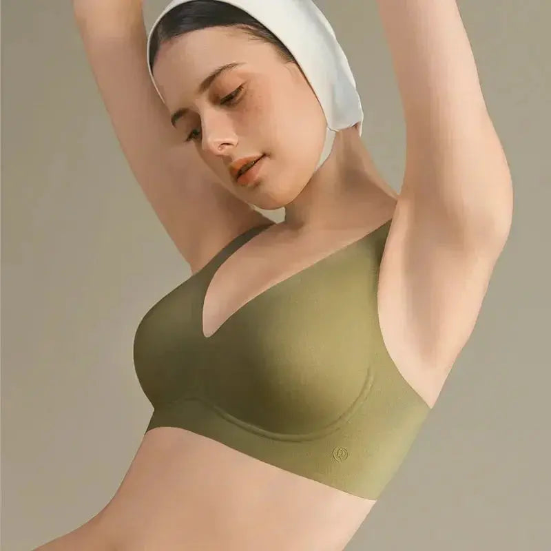 SUJIIN seamless wireless bra in olive green with V-neck smooth cups
