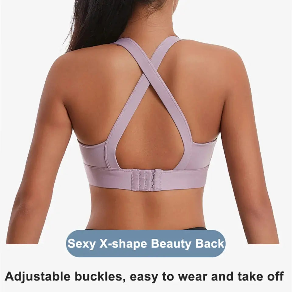 Simples Market women's high-impact sports bra in lilac, padded with a criss-cross back and adjustable back closure