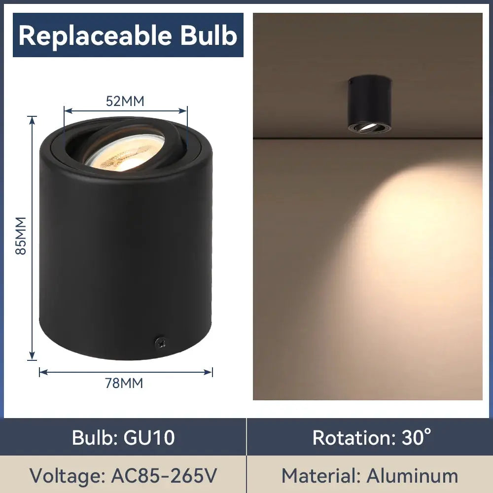 GU10 LED downlight bulb and ceiling spotlight, Simples Market; black aluminum, AC85-265V, 30° adjustable