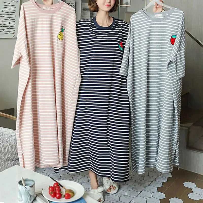 CozyNest Plus Size Striped Pajama Dress Lengthened For Summer Homewear Breathable Polyester Blend