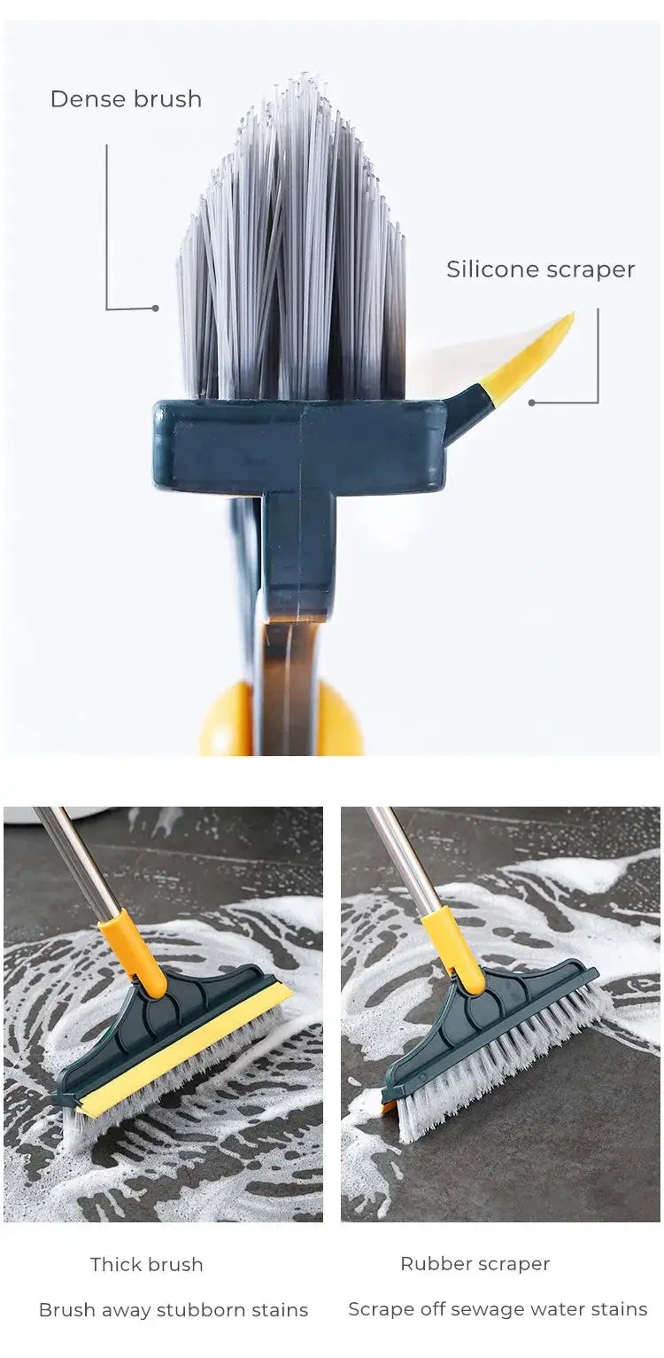 Bathroom floor brush with long handle and silicone scraper, dense bristles, yellow accents, Simples Market