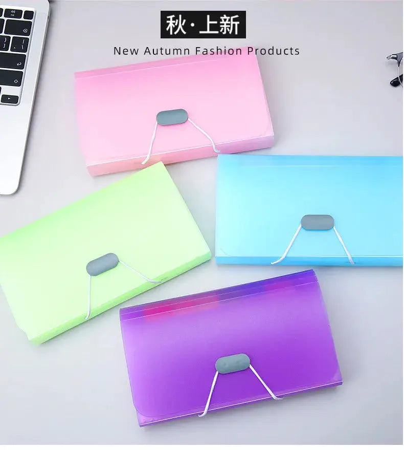 A6 expanding file folders set of 4 with buckle closures in pink, lime green, light blue and purple