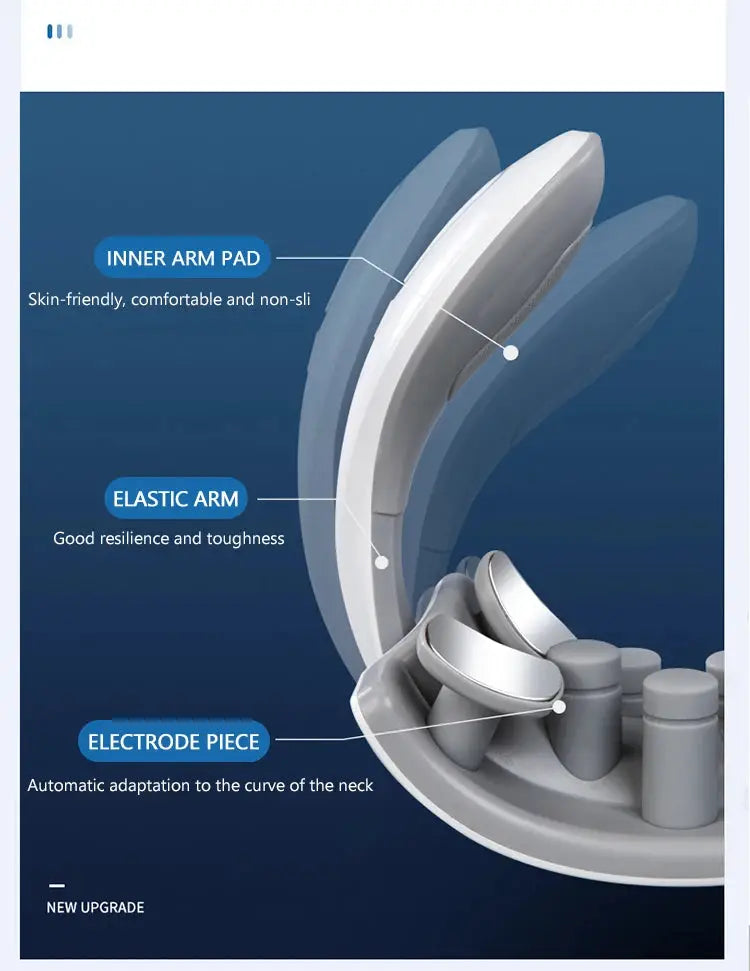 Gray neck massager with dual curved arms and electrode piece; rechargeable cervical massage device