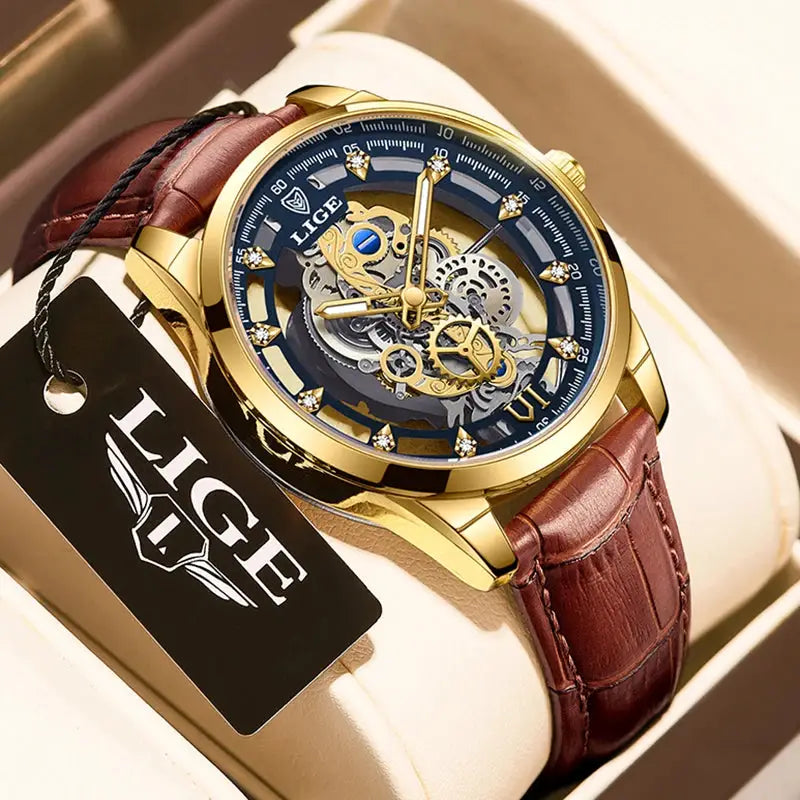 LIGE men's gold-tone stainless steel skeleton quartz watch with blue dial and brown leather strap.