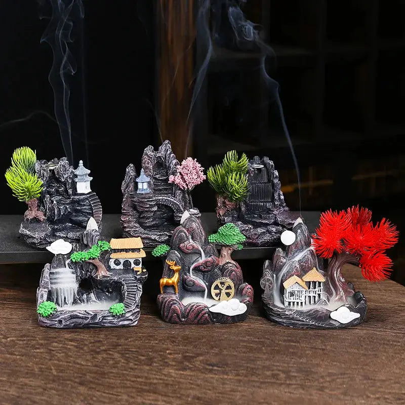 Resin Cascade Backflow Incense Burner With Mountain Waterfall Design For Home Decor And Meditation Gift