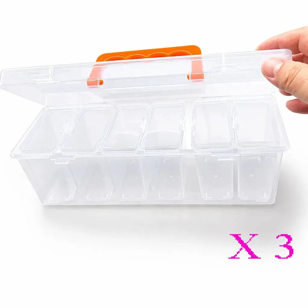 Hardware tool storage box by Simples Market, transparent multi-compartment organizer with orange latch, 3-pack