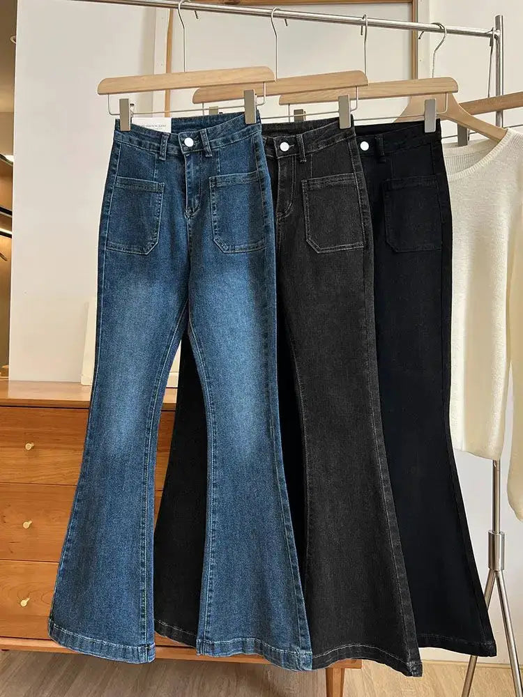 High Waist Loose Jeans Pockets Vintage Washed Denim Flare Trousers