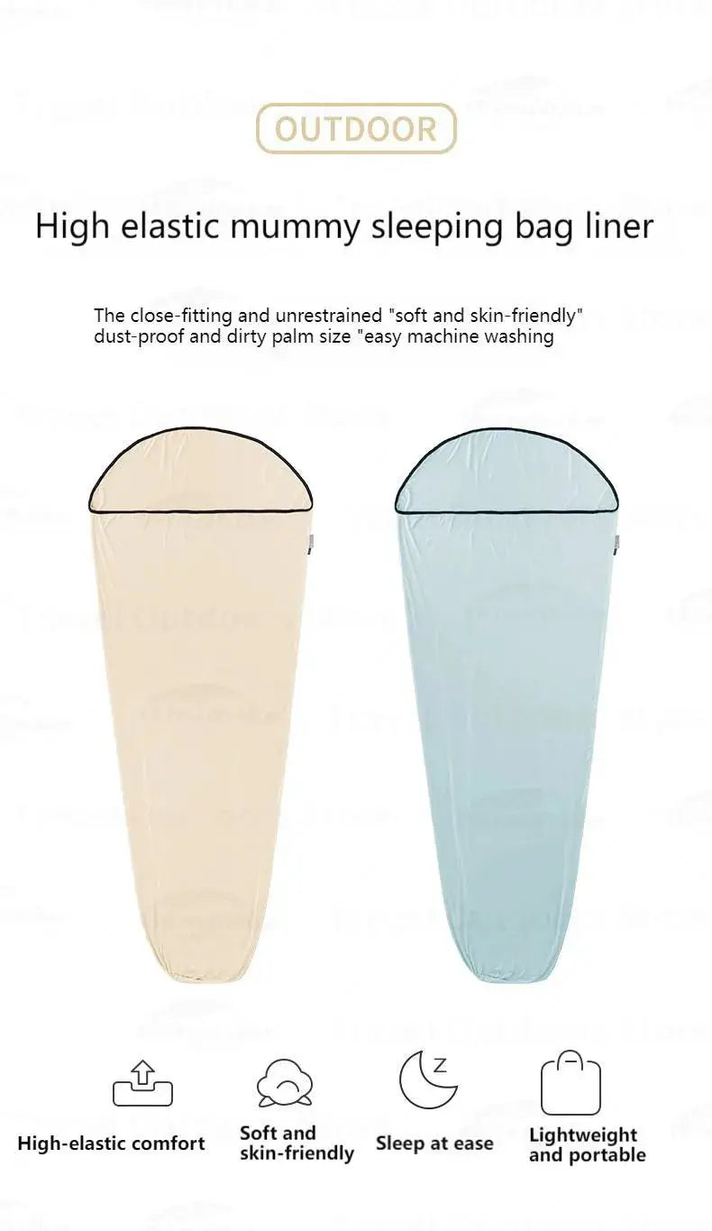 Sleeping bag liner, beige and light blue, high-elastic mummy style; lightweight, portable, 2-pack