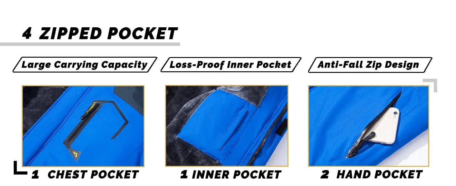 KEFITEVD men's blue winter ski jacket, waterproof thick fleece, 4 zipped pockets: 1 chest, 1 inner, 2 hand pockets