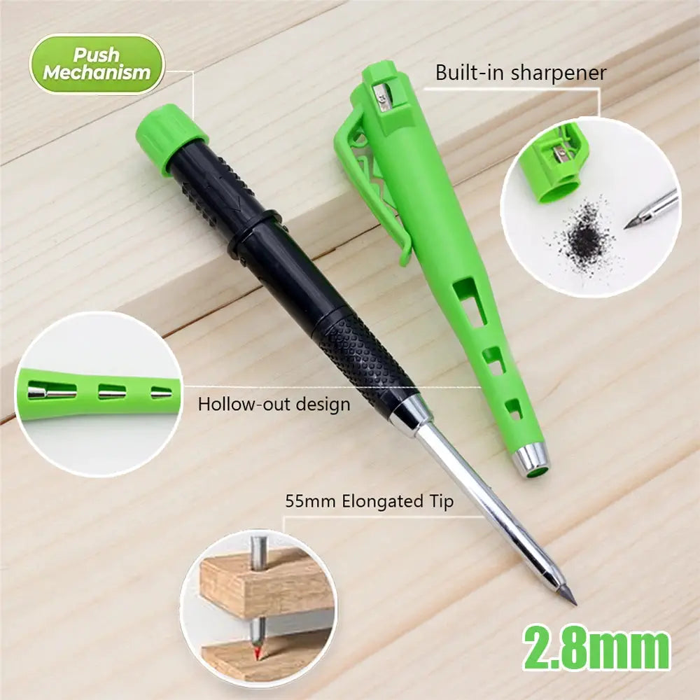 Simples Market 2.8mm woodworking pencil set in green/black with built-in sharpener and 12 lead refills