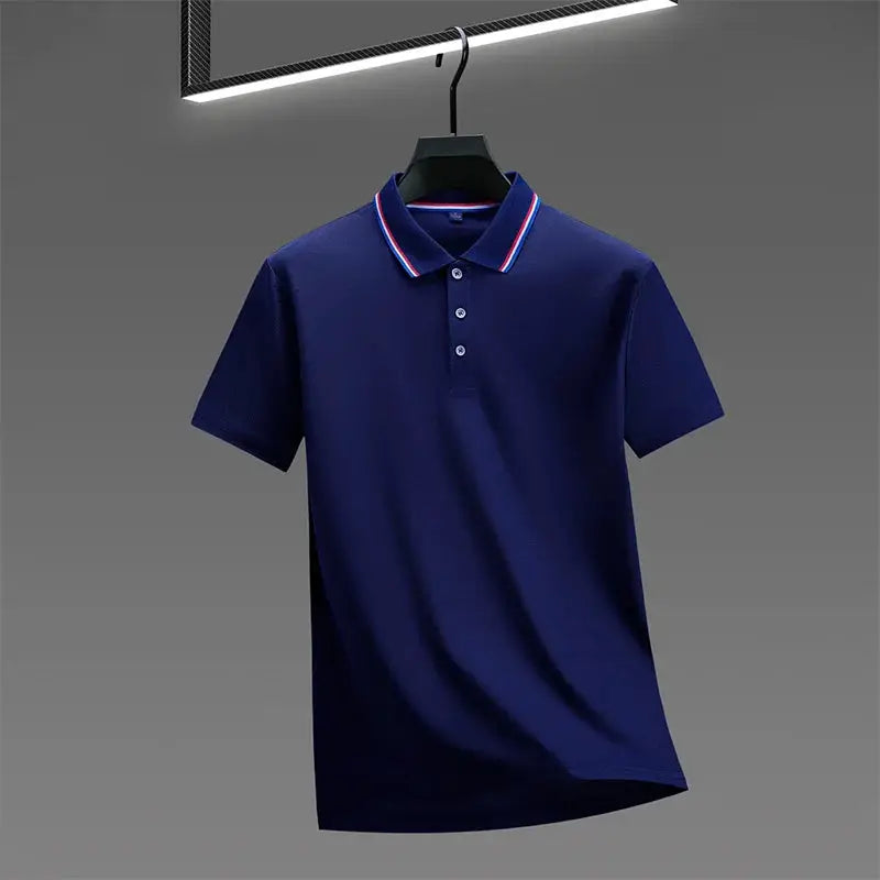 Polo shirt, navy blue short-sleeve with red/white striped collar and button placket