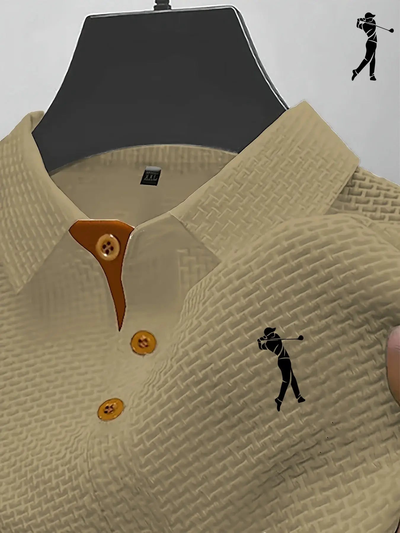 Beige textured men's polo shirt, short-sleeve with collar and brown buttons.