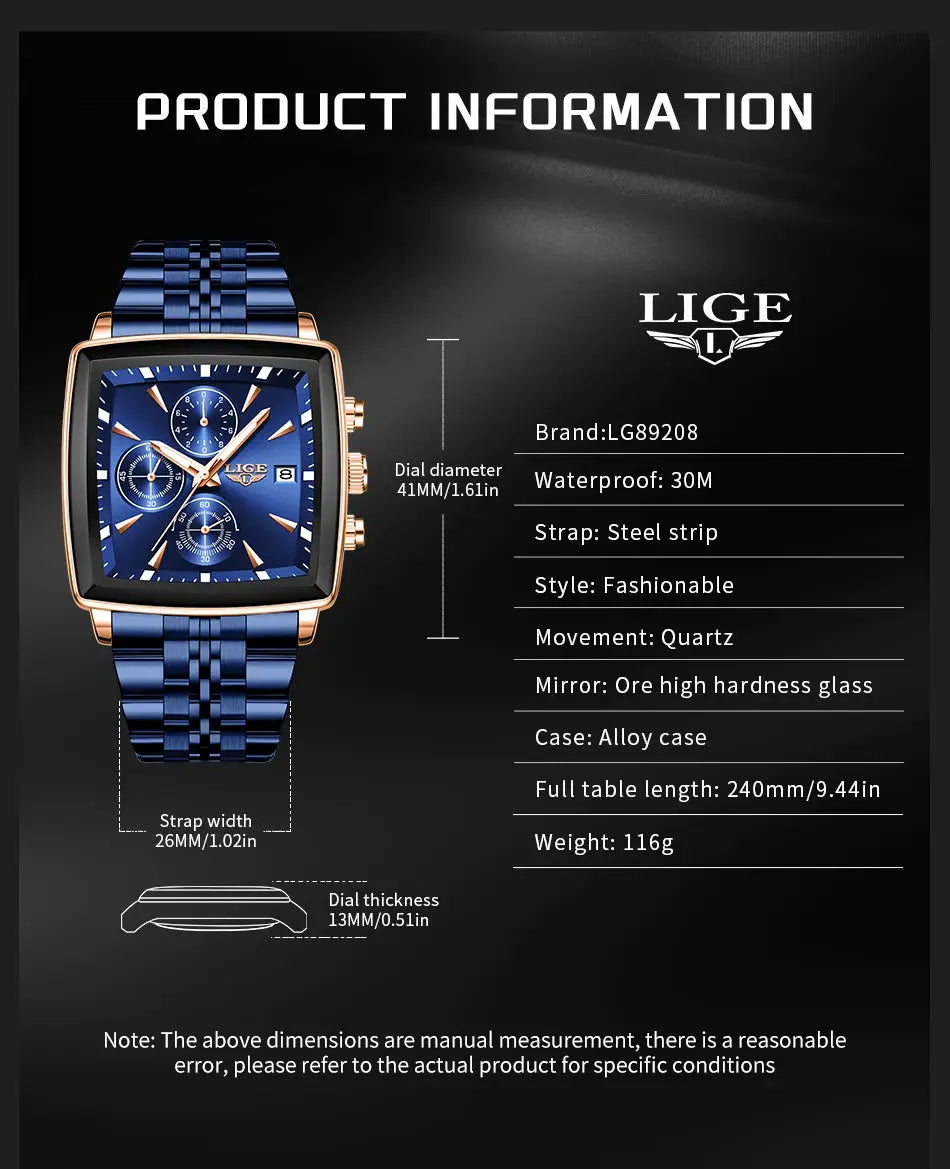LIGE men's square blue dial watch, stainless steel strap, rose-gold case