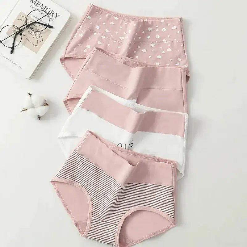 4-pack women's high-waist cotton panties set in pink, striped and heart-print designs (plus size M-5XL)