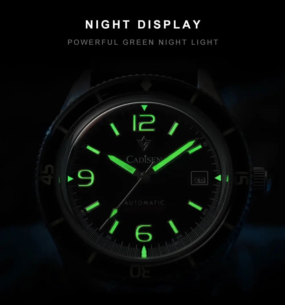 CADISEN 2026 men's automatic watch with Miyota 8215 movement, luminous green dial and genuine leather strap