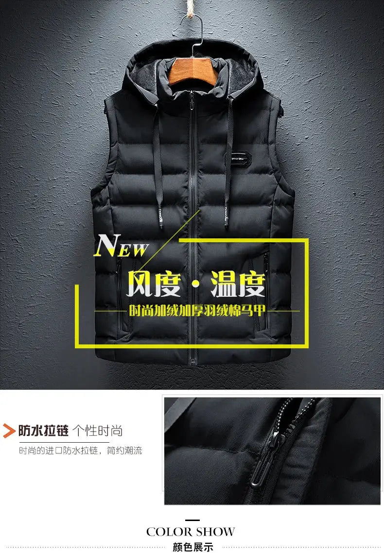 Men's black hooded puffer vest with zip closure; sleeveless jacket