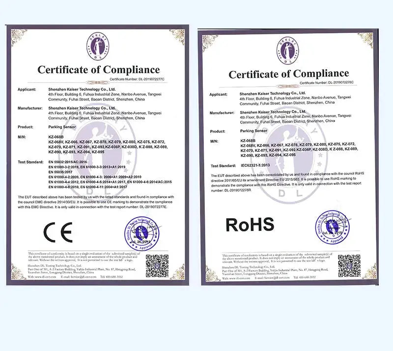 Two Certificate of Compliance documents displaying CE and RoHS marks