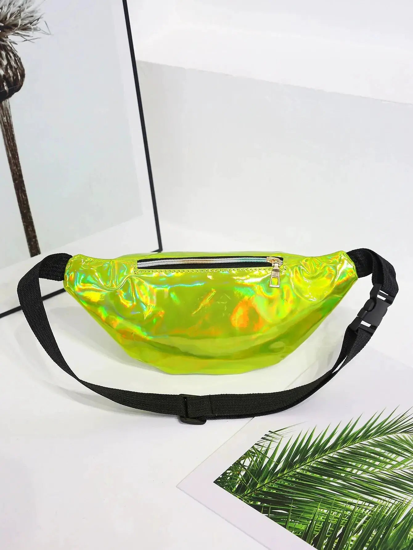 Waist bag holographic neon yellow fanny pack with black adjustable strap and zip pocket