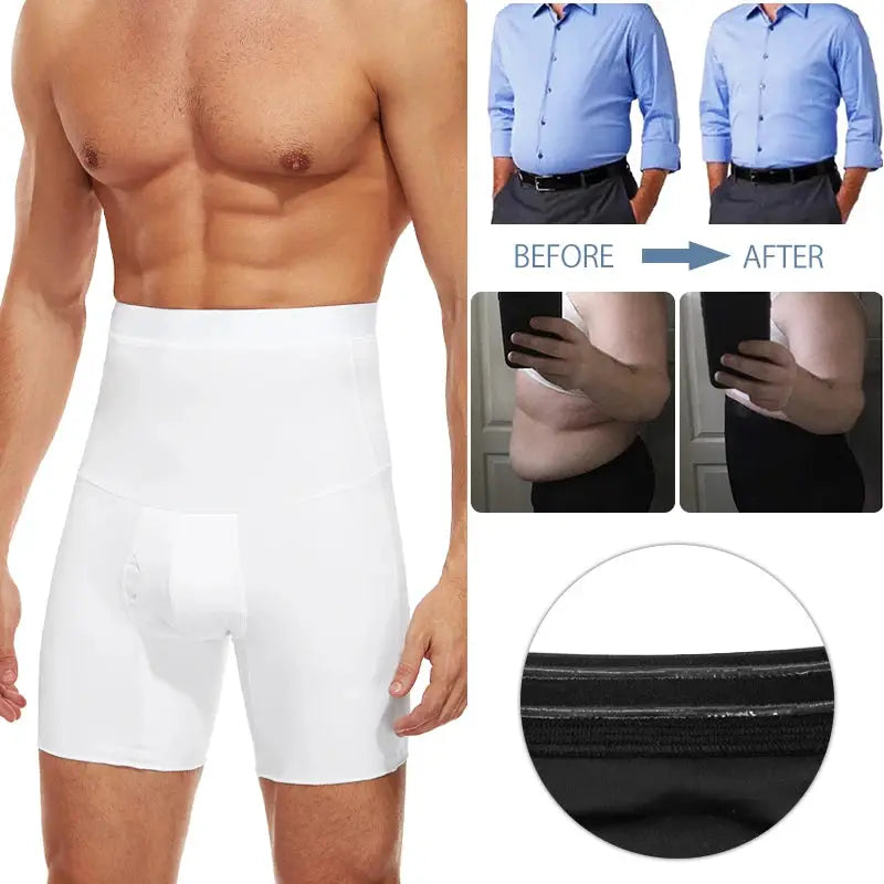 Simples Market men's body shaper compression shorts, white high-waist tummy control underwear.
