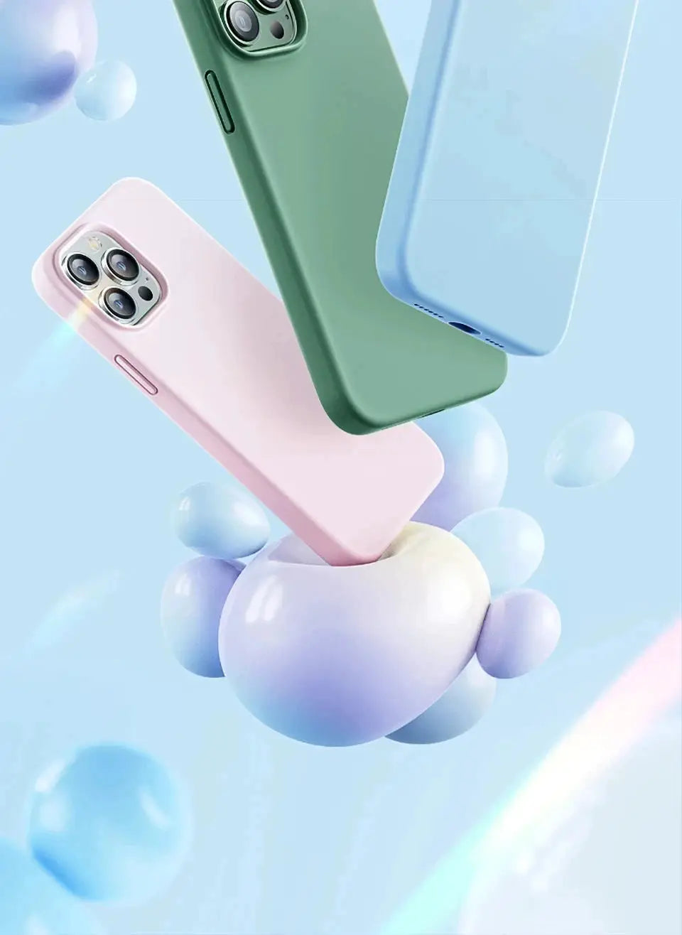 Three pastel liquid silicone iPhone cases in pink, green, and blue for iPhone 11–17 Pro Max