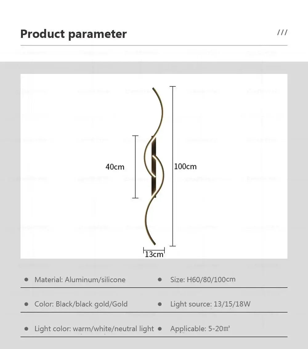 Simples Market modern LED wall lamp; minimalist curved vertical strip, aluminum/silicone, black/gold finish