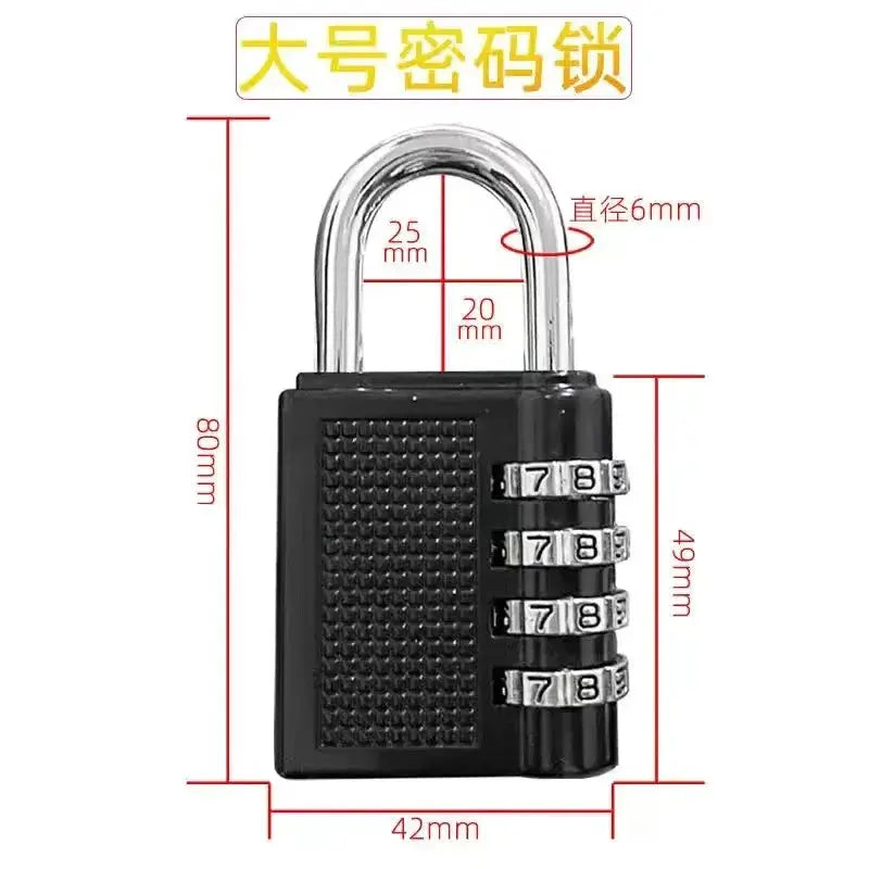 4-digit zinc alloy combination padlock, black body with silver shackle, for luggage and outdoor security