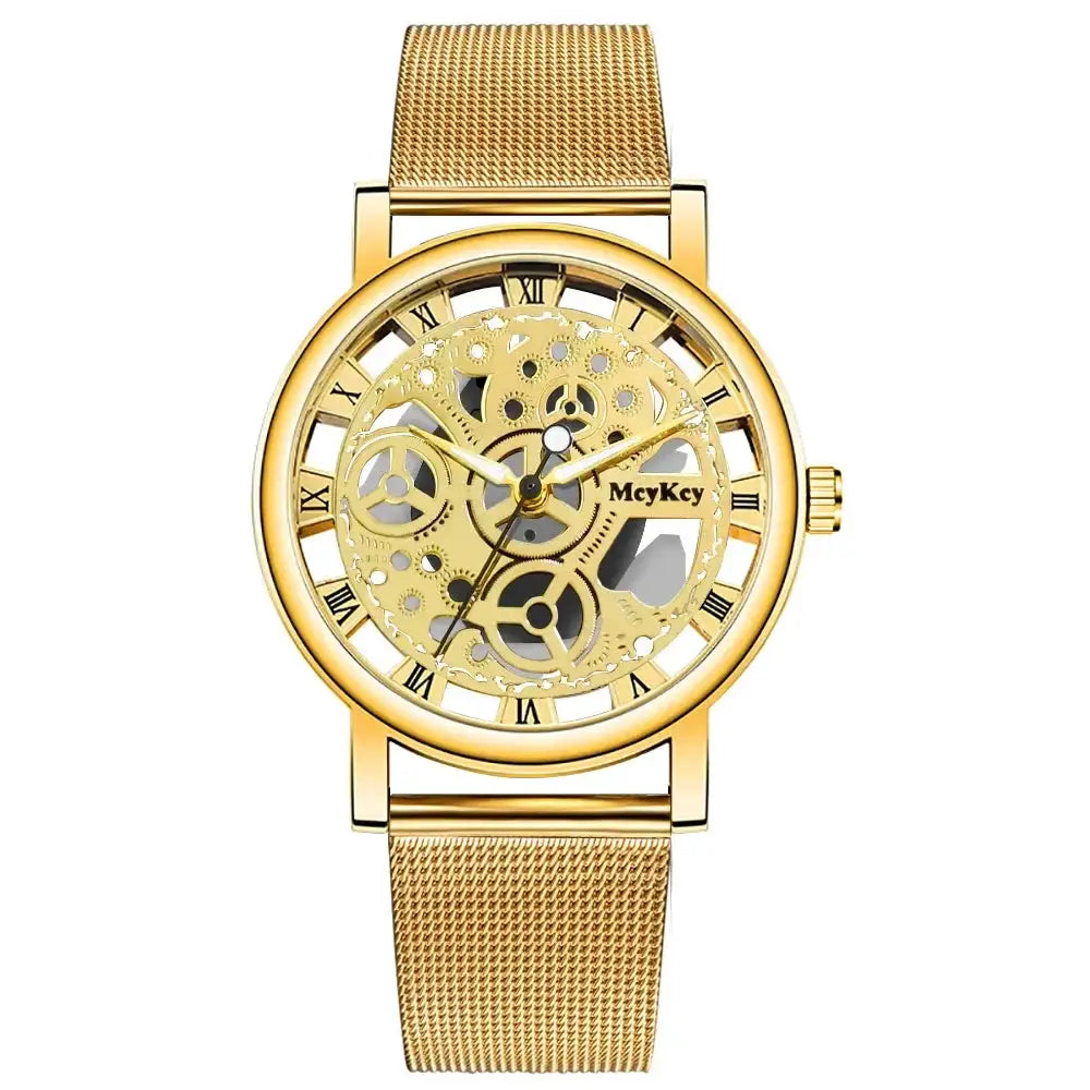 Gold MeyKey women's skeleton watch with mesh band and visible gears.
