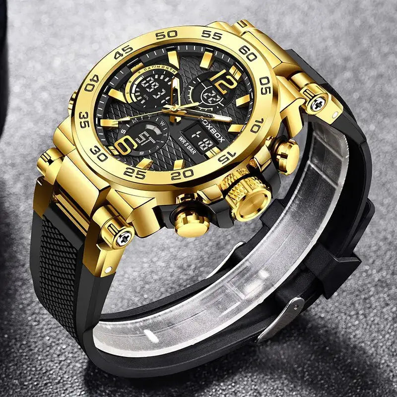 FOXBOX men's gold-tone chronograph business watch with black rubber strap