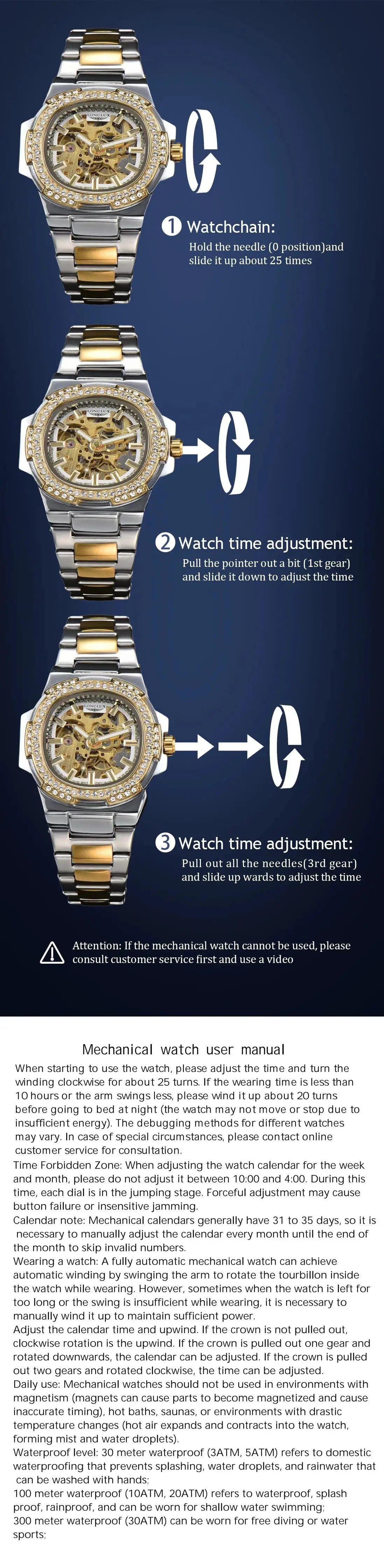 LONGLUX automatic skeleton watch, two-tone stainless steel bracelet with diamond bezel, Simples Market wristwatch.