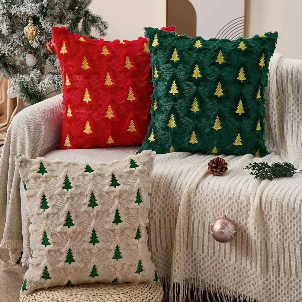 Simples Market 18x18 Christmas tree pillow covers set of 3 in red, green, and cream with textured faux fur.