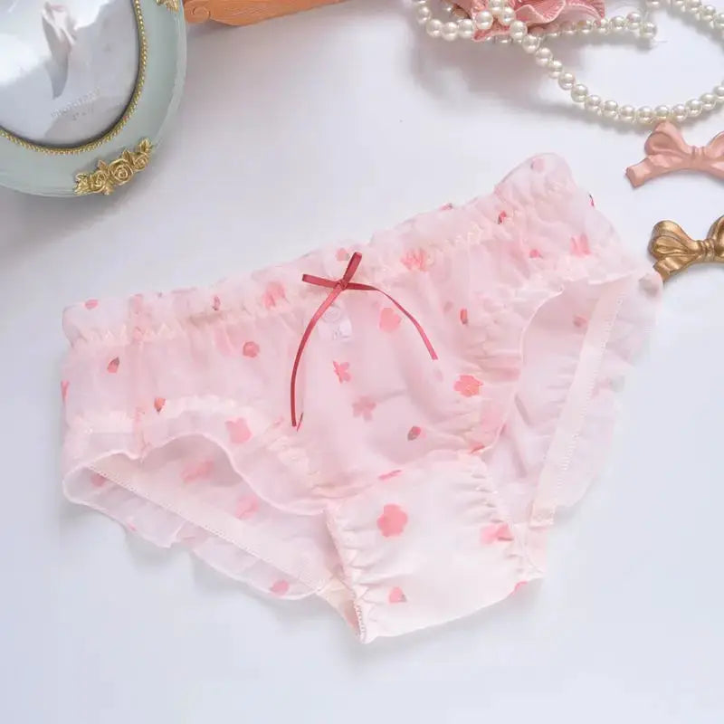 Pink cotton ruffle panties with front bow, floral print, breathable high-elasticity underwear