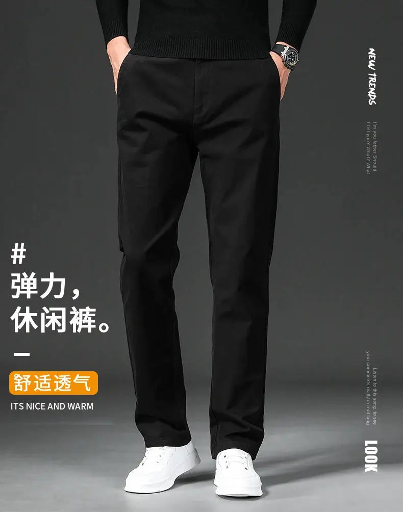 Men's straight-fit cotton-stretch chinos in black; casual business trousers