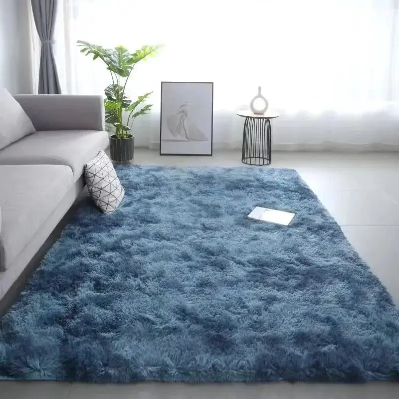 VIKAMA 1PC silk-wool rug blue with plush shag texture for living room