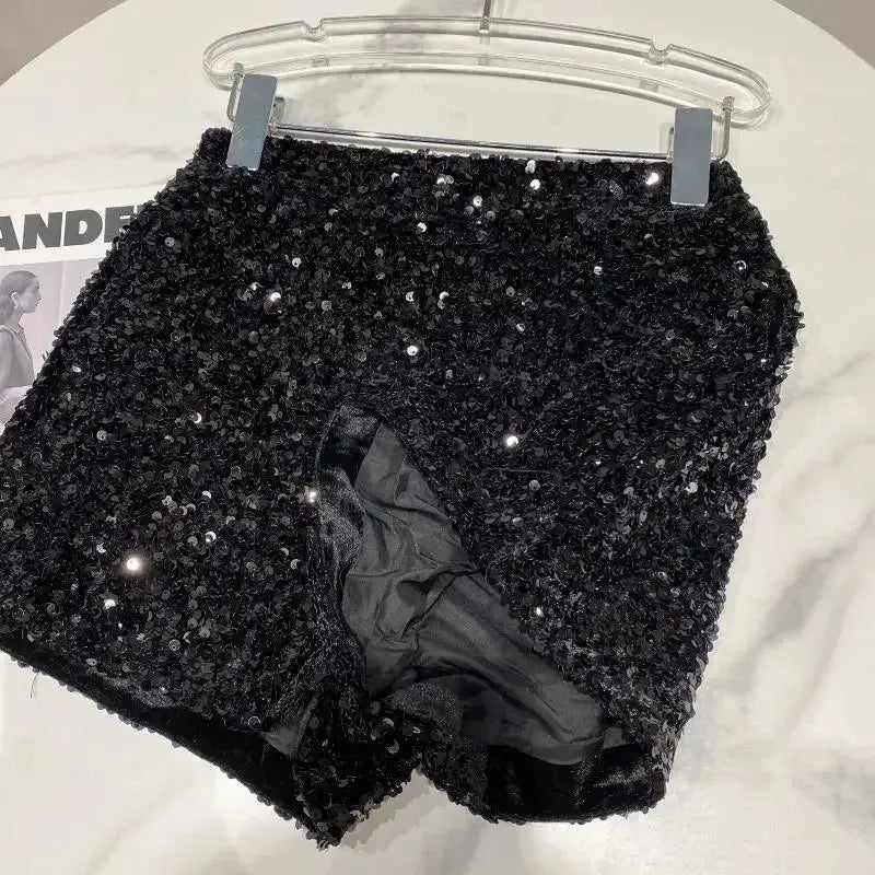 Women's black velvet sequined shorts, shiny clubwear hot pants for high-street style