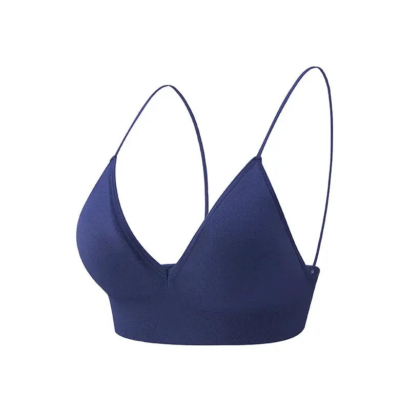 Flarixa triangle-cup bralette in navy blue with deep V-neck and thin straps