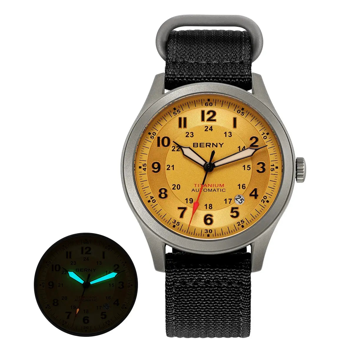 BERNY automatic titanium men's watch with gold dial and black fabric strap