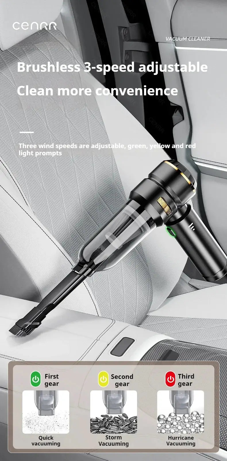 CENRR handheld car vacuum cleaner, cordless with transparent dust canister and black body with gold accent