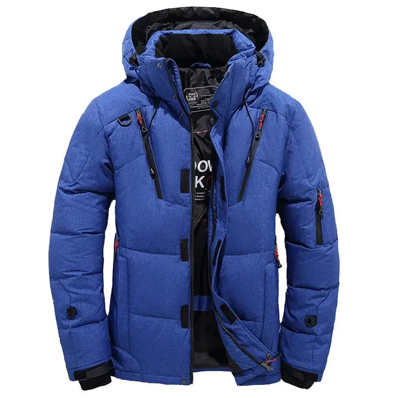 Blue men's down jacket with hood, puffer style, front zip closure and zippered pockets.