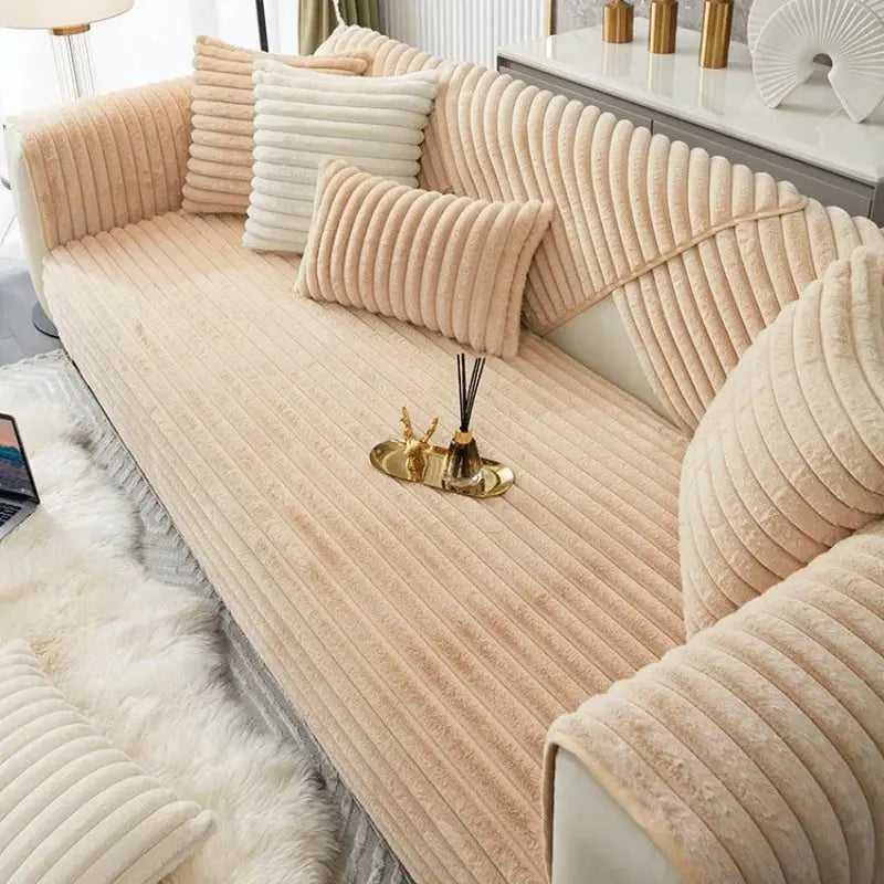 Thicken Plush Stripe Imitation Rabbit Fur Non-Slip Sofa Cover, Simples Market, beige couch slipcover
