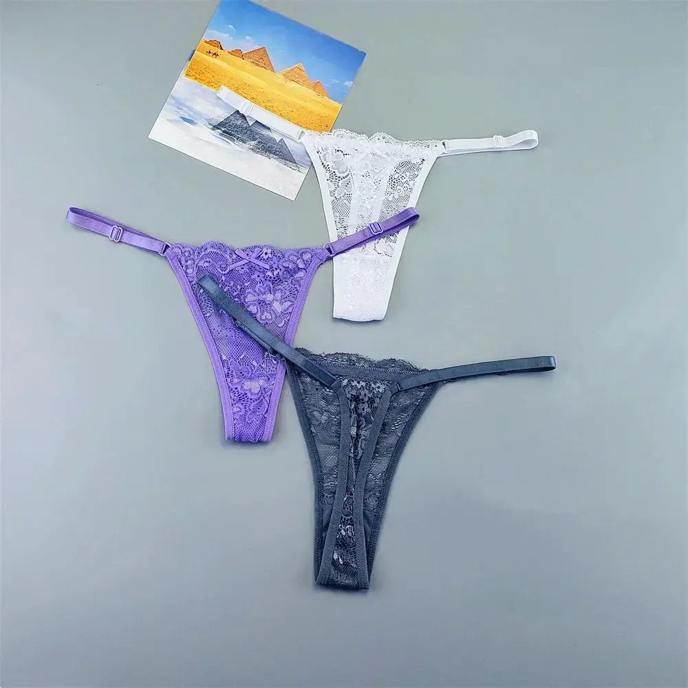 3pc lace thong underwear set with adjustable straps in white, lavender and charcoal, low-waist T-back style