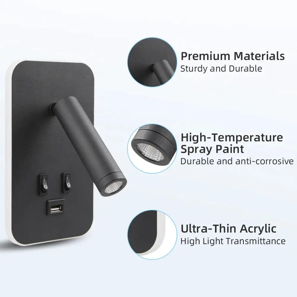 Chargeable USB Port Wall Lamp with rotatable head, black finish, ideal bedside lighting for living room