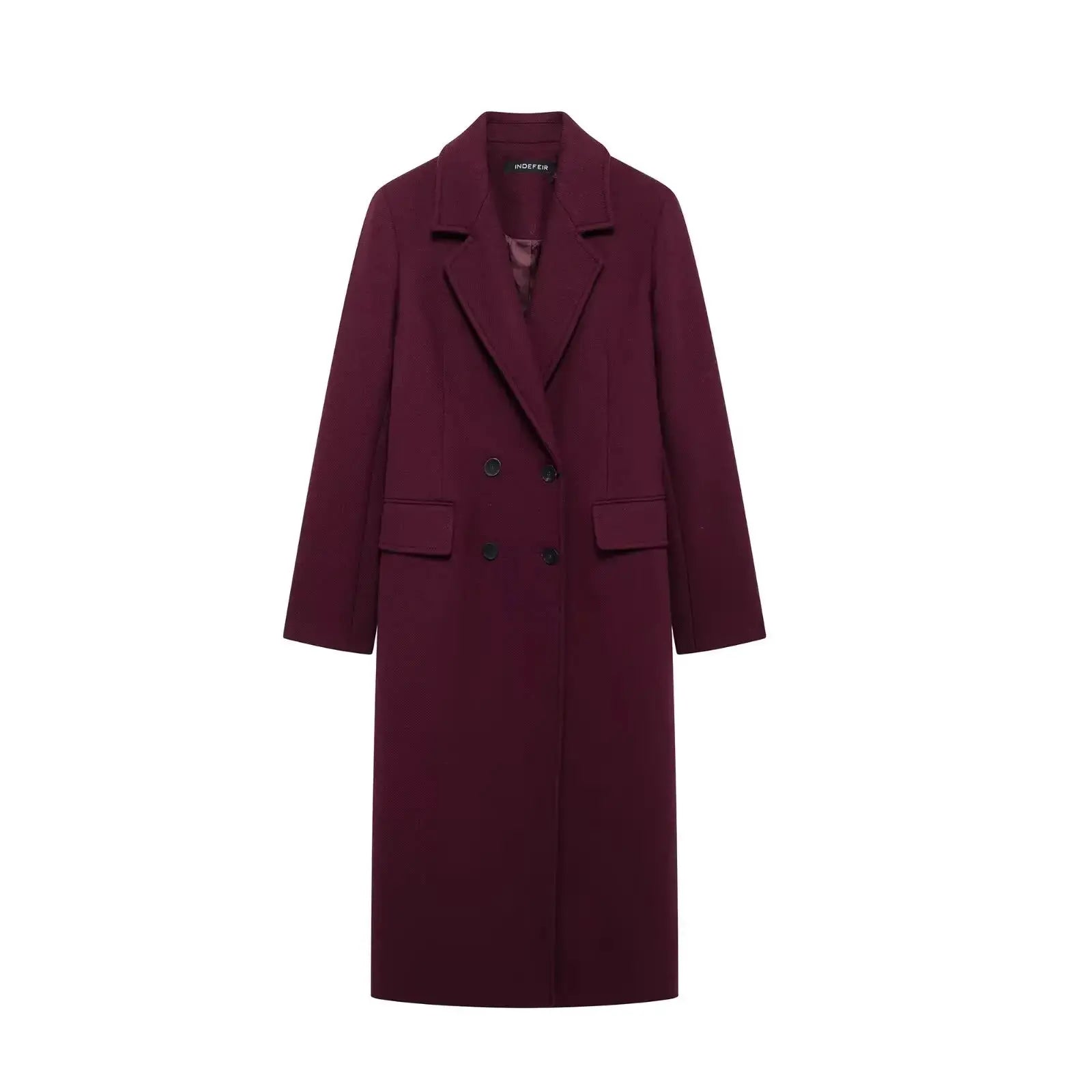 HH Women Burgundy Coat Double Breasted Long Sleeve Lapel Blended Outerwear for Autumn and Winter
