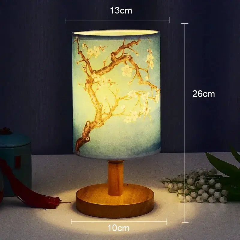 Simples Market LED plum blossom desk lamp with fabric shade, wooden base, Chinese style, dimmable EU plug