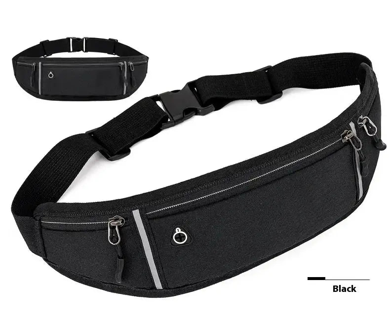 Casual waist pack waterproof black sport bag with multiple zip pockets and adjustable strap.
